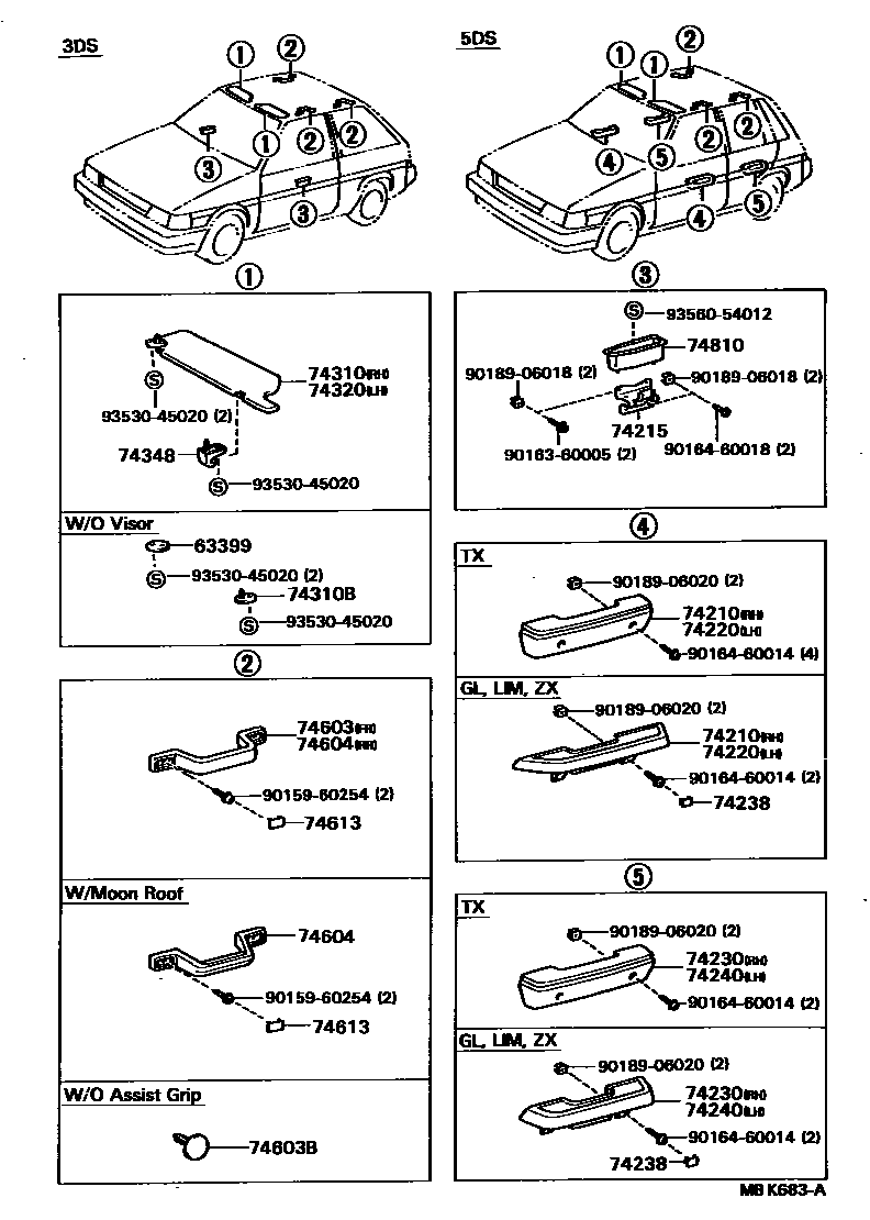 Toyota COROLLA 扶手和遮阳板 EPC diagram — MBK683A