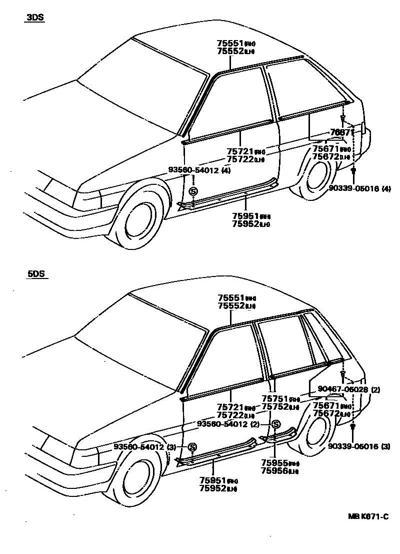 Toyota COROLLA 侧防护条 EPC diagram — MBK671C