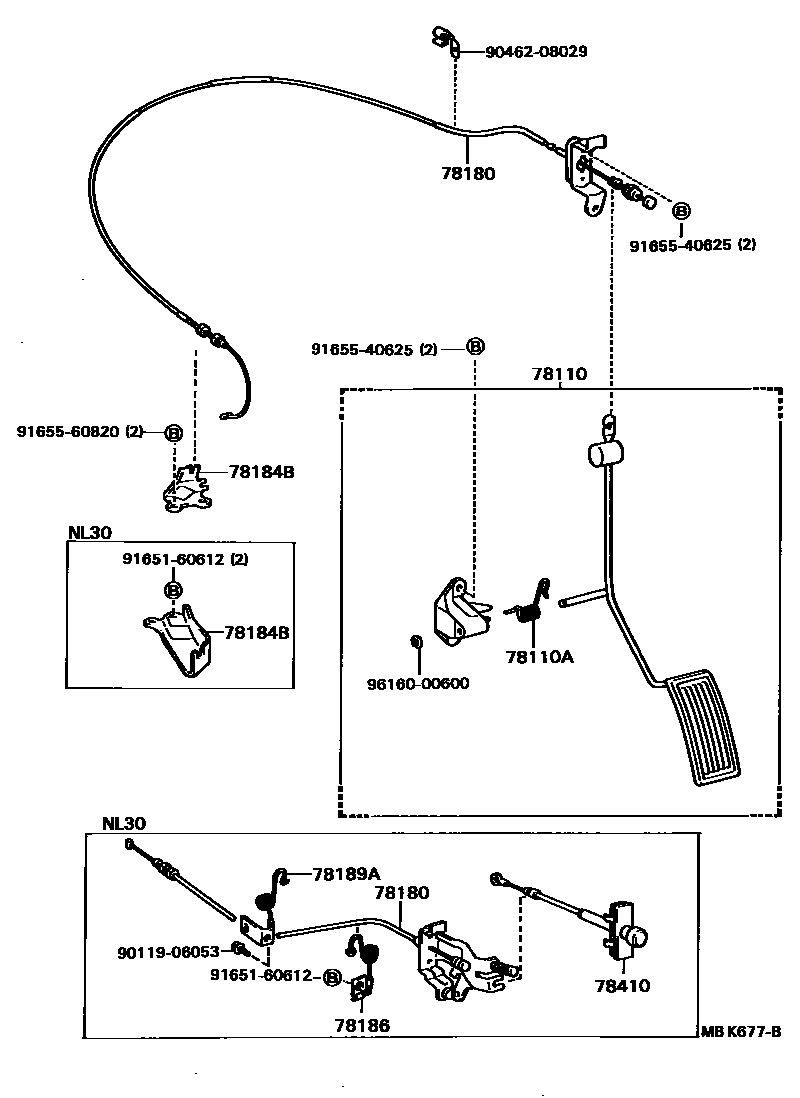 Toyota COROLLA accelerator pedal connecting rod EPC diagram — MBK677B