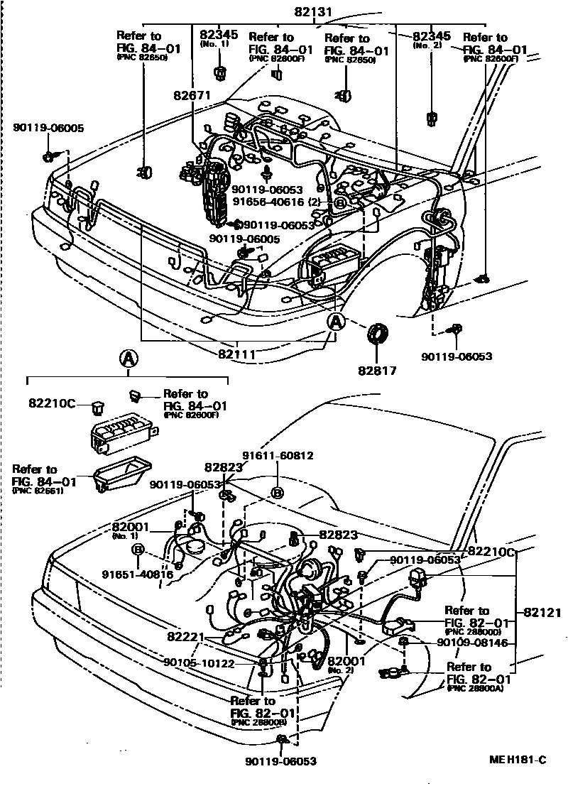 Toyota COROLLA 线束和卡夹 EPC diagram — MEH181C