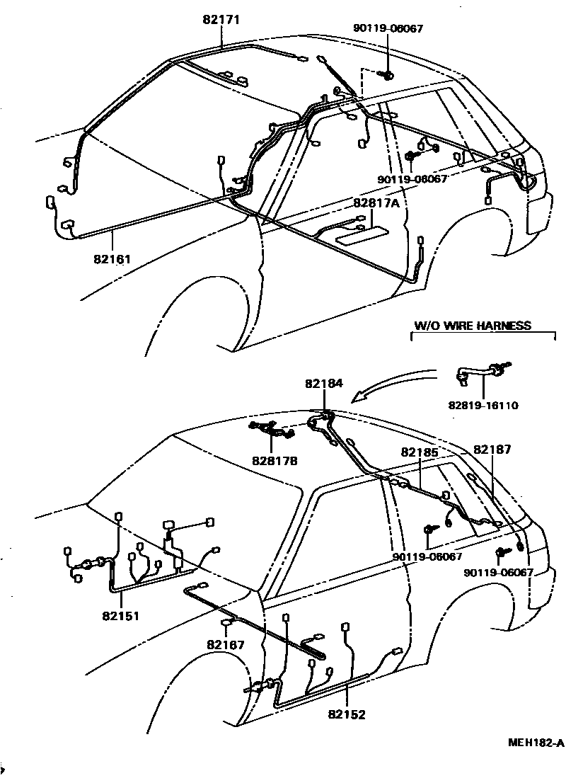 Toyota COROLLA 线束和卡夹 EPC diagram — MEH182A