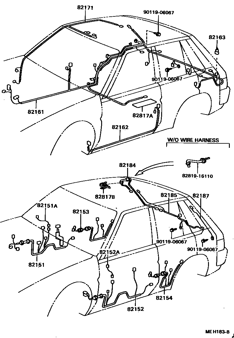 Toyota COROLLA 线束和卡夹 EPC diagram — MEH183B