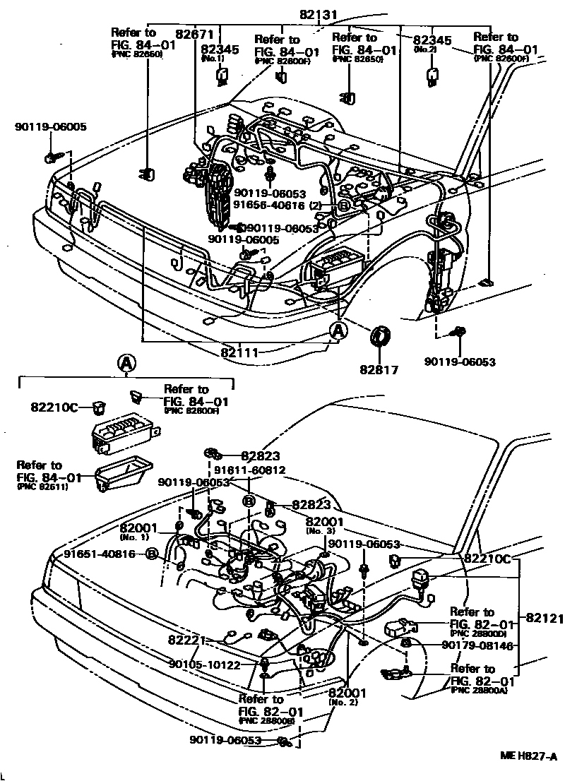 Toyota COROLLA 线束和卡夹 EPC diagram — MEH827A