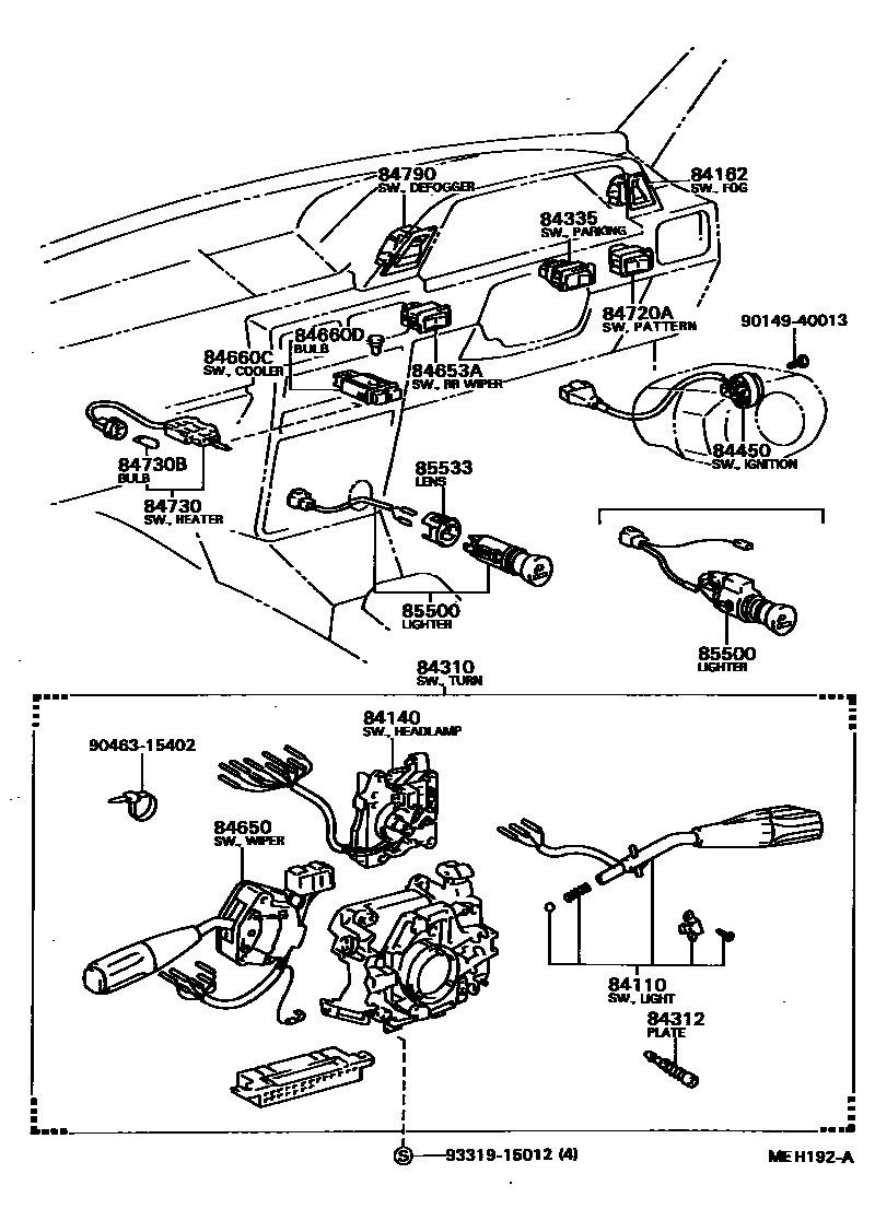 Toyota COROLLA 开关和继电器和ECU EPC diagram — MEH192A