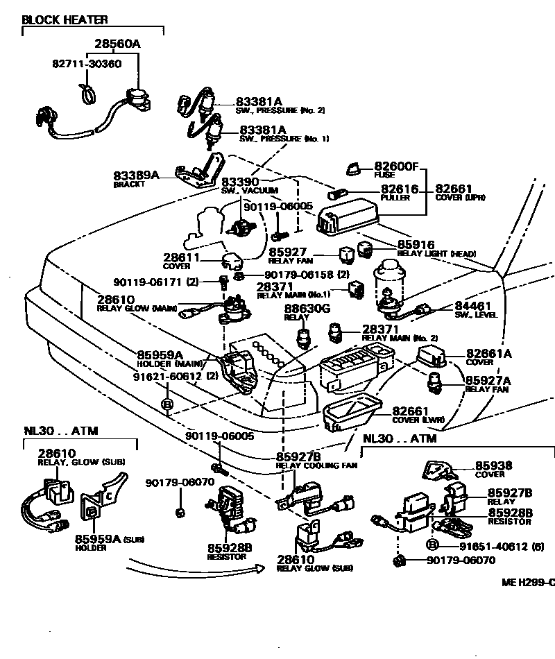 Toyota COROLLA 开关和继电器和ECU EPC diagram — MEH299C