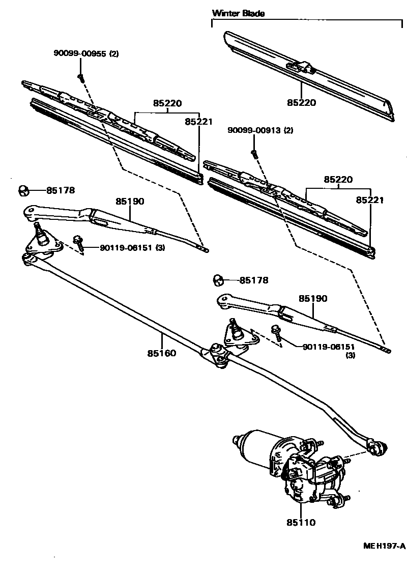 Toyota COROLLA 挡风玻璃刮水器 EPC diagram — MEH197A