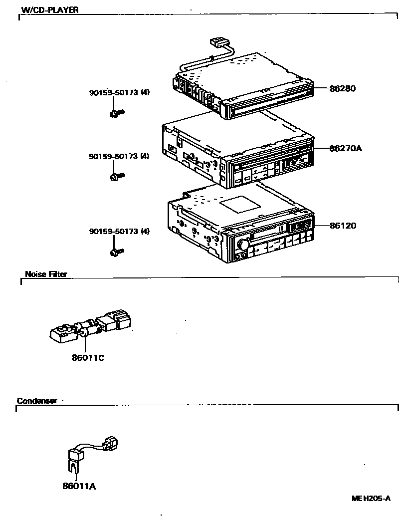 Toyota COROLLA 收音机、放大器和冷凝器 EPC diagram — MEH205A