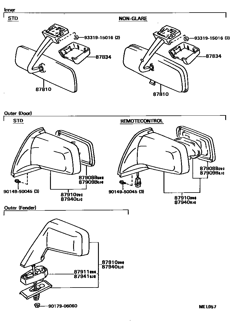Toyota COROLLA 后视镜 EPC diagram — MEL957