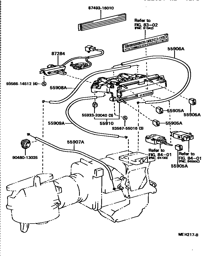 Toyota COROLLA 暖风和空调系统 - 控制器和风管 EPC diagram — MEH217B