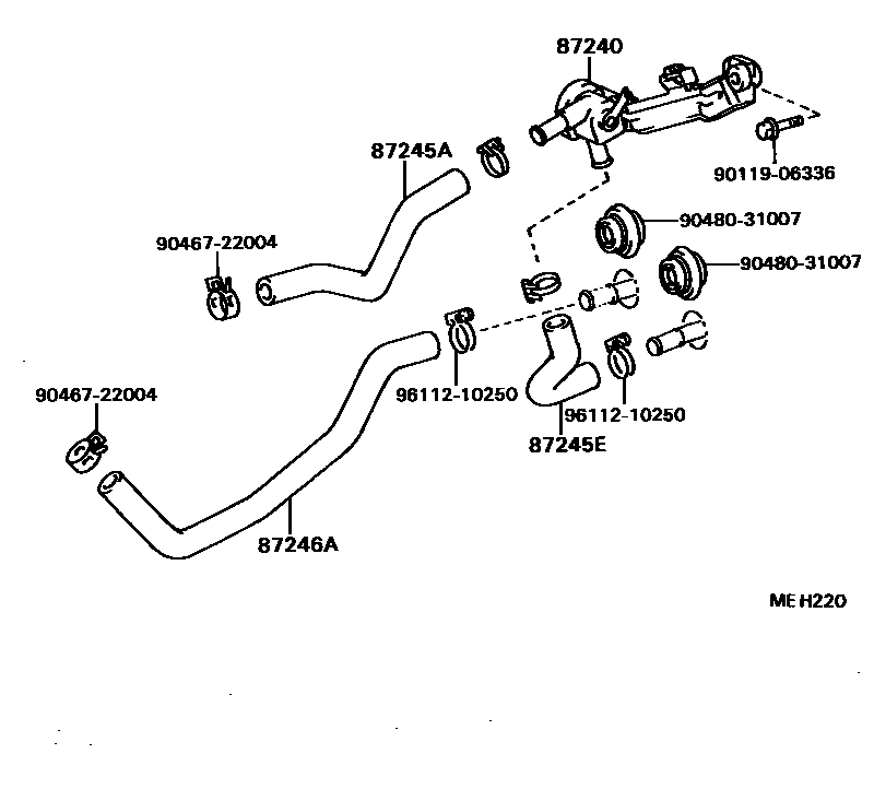 Toyota COROLLA 暖风和空调系统 - 水管 EPC diagram — MEH220