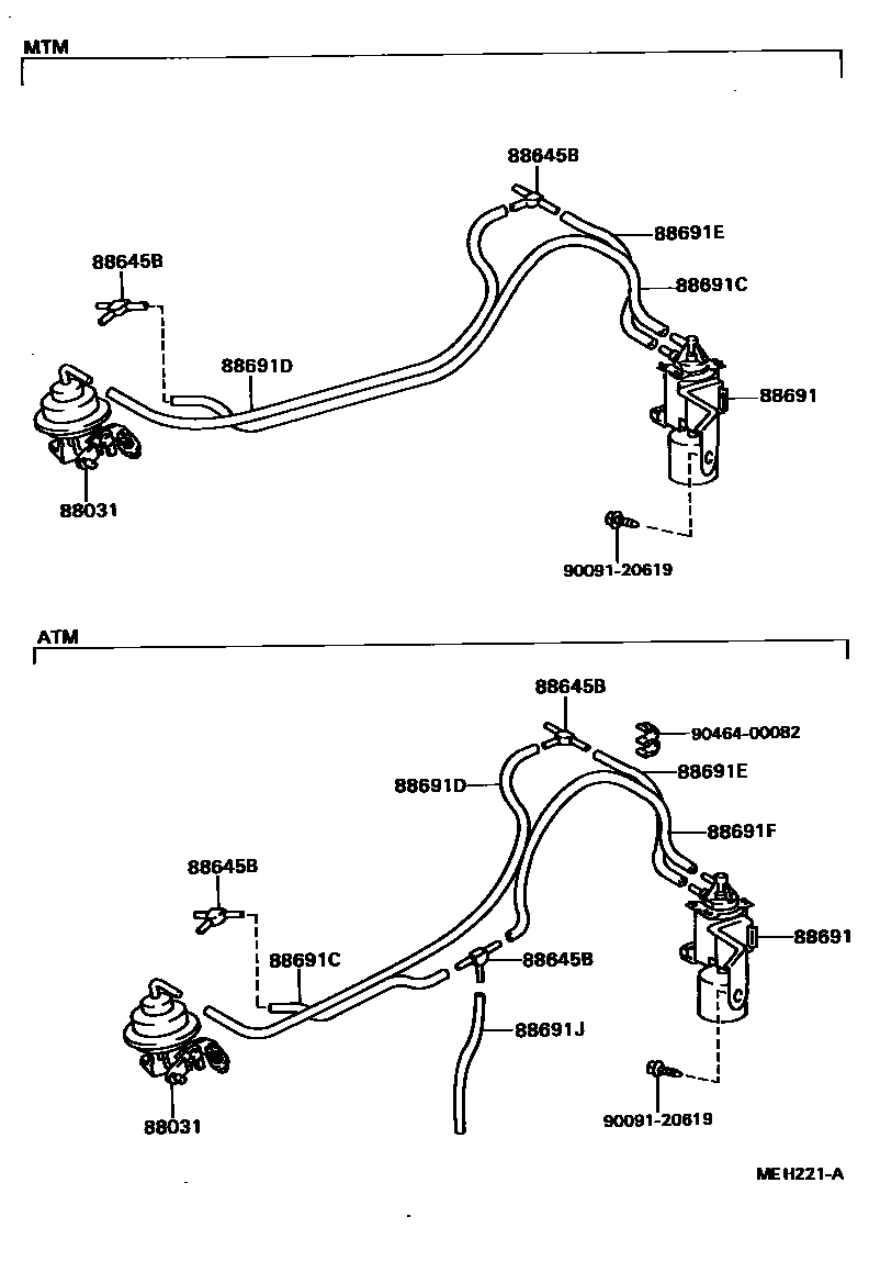 Toyota COROLLA 暖风和空调系统 - 真空管 EPC diagram — MEH221A