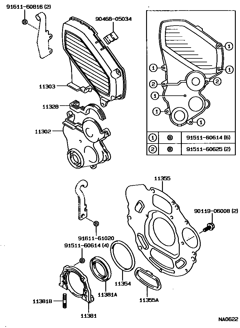 Toyota COROLLA Timing Gear Cover & Rear End Plate EPC diagram — NA0622