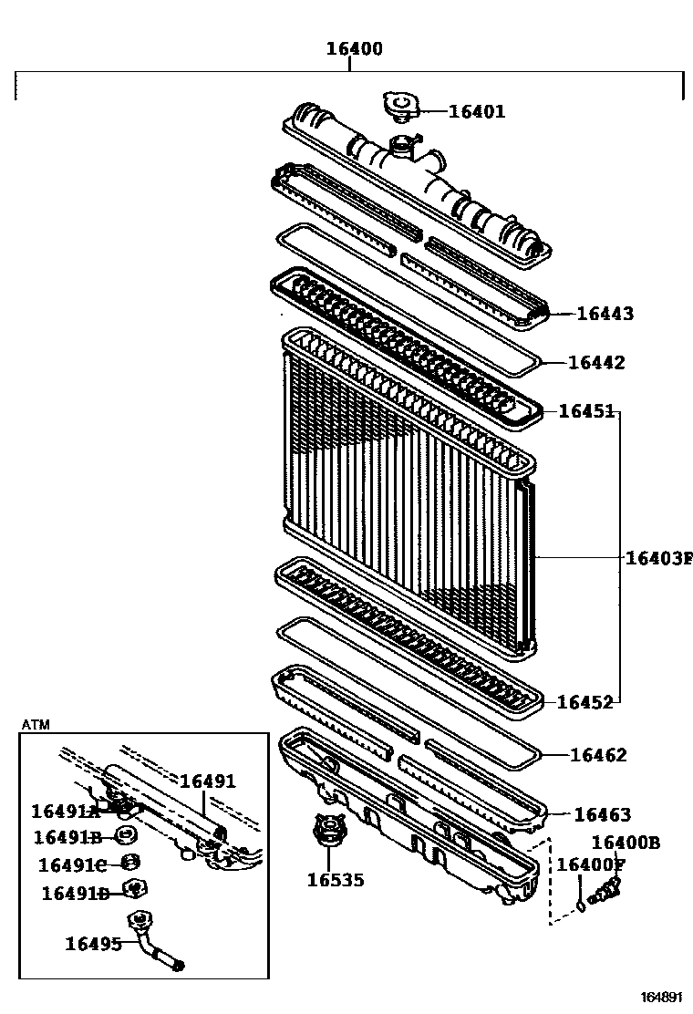 Toyota COROLLA RADIATOR & WATER OUTLET EPC diagram — 164891