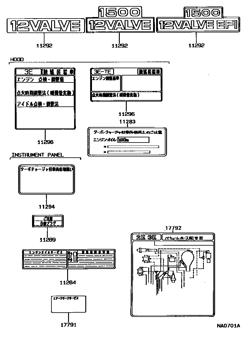 Toyota COROLLA 警示铭牌和名称铭牌(发动机) EPC diagram — NA0701A