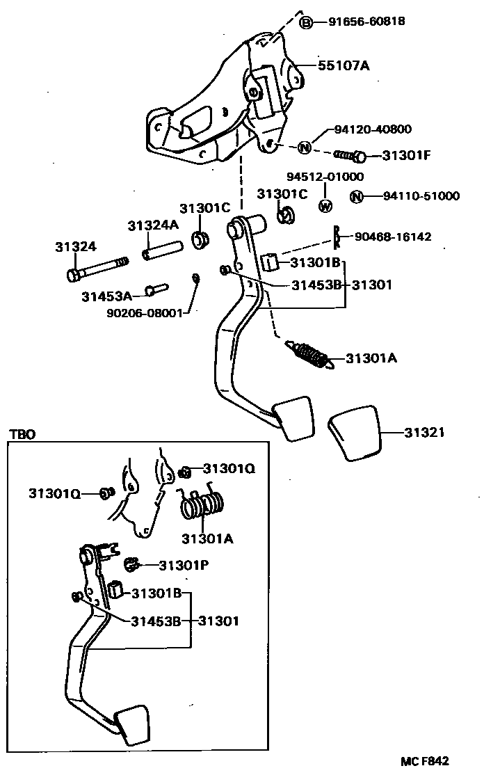 Toyota COROLLA 离合器踏板和挠性软管 EPC diagram — MCF842