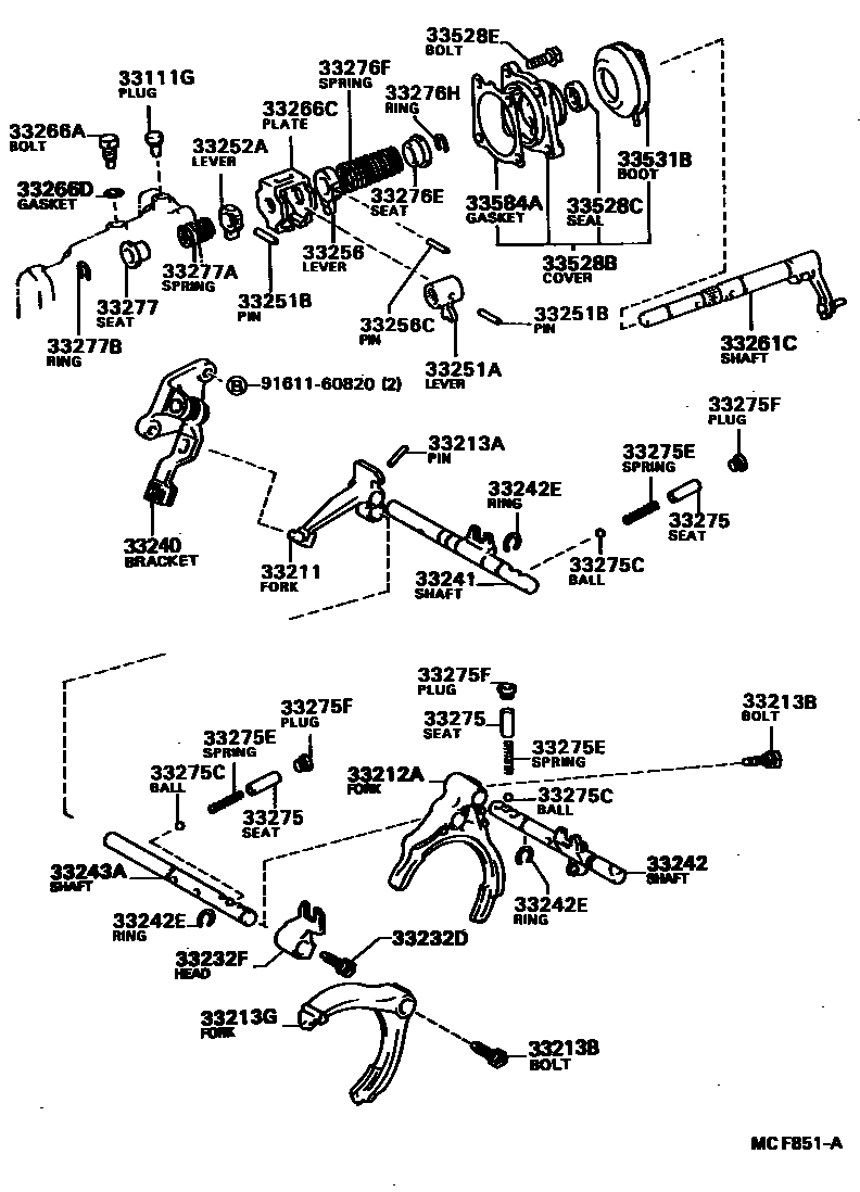 Toyota COROLLA 换档拨叉和换档杆轴(MTM) EPC diagram — MCF851A