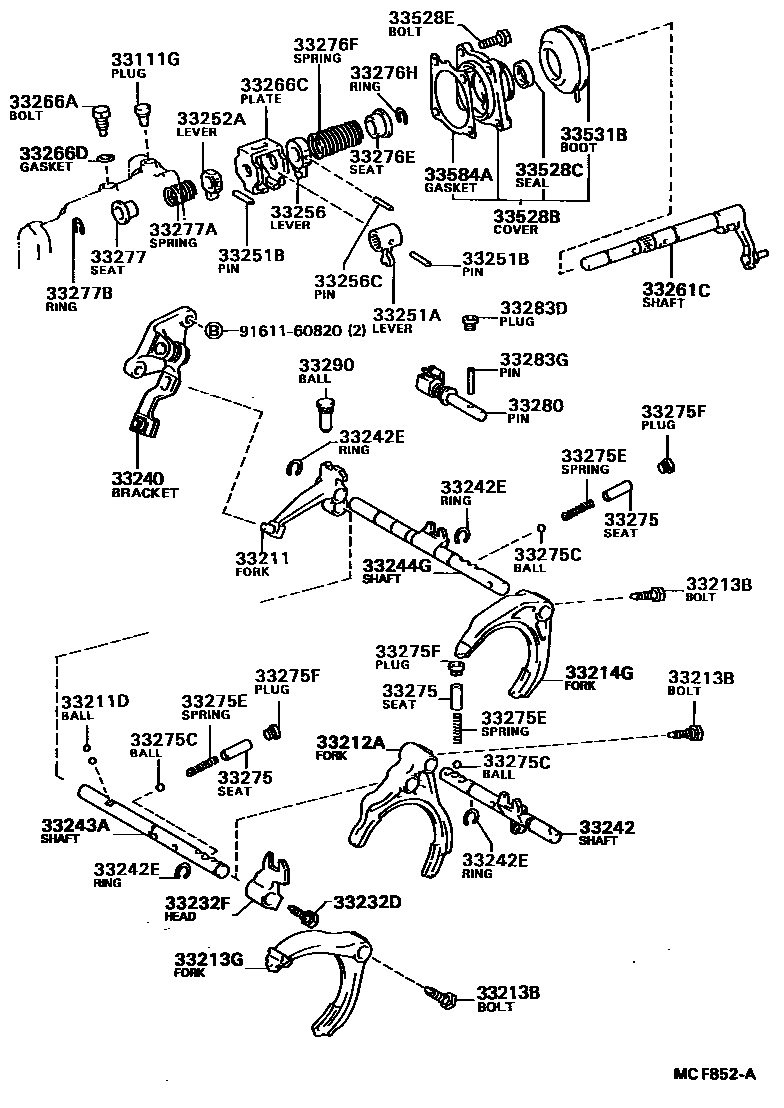 Toyota COROLLA 换档拨叉和换档杆轴(MTM) EPC diagram — MCF852A