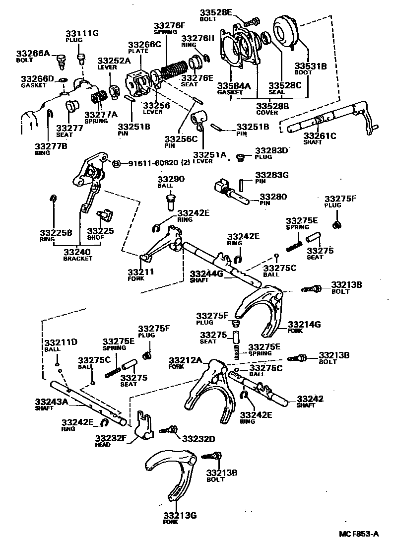 Toyota COROLLA 换档拨叉和换档杆轴(MTM) EPC diagram — MCF853A