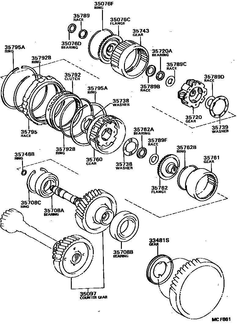 Toyota COROLLA 行星齿轮、倒档活塞和中间轴齿轮(ATM) EPC diagram — MCF861