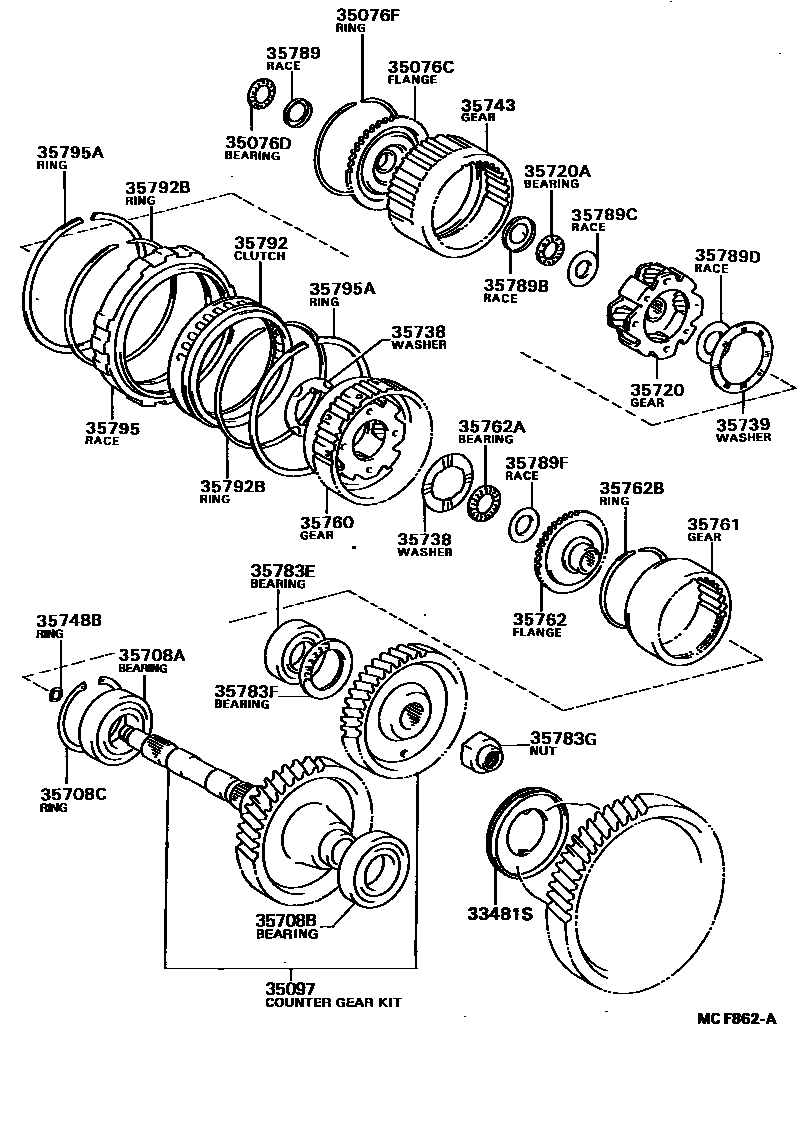 Toyota COROLLA 行星齿轮、倒档活塞和中间轴齿轮(ATM) EPC diagram — MCF862A