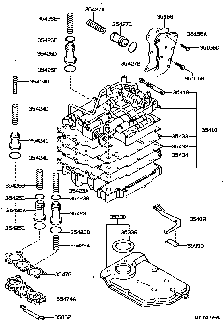 Toyota COROLLA 阀体和滤油网(ATM) EPC diagram — MCD377A