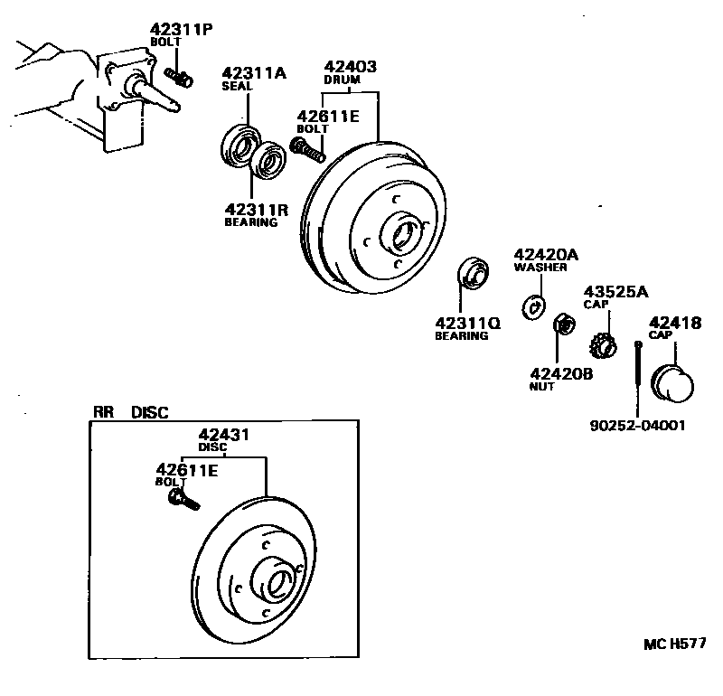 Toyota COROLLA 后桥半轴和后桥轮毂 EPC diagram — MCH577