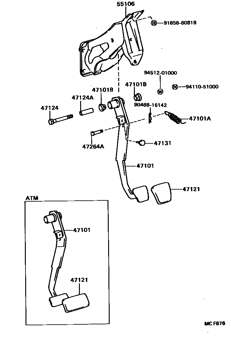 Toyota COROLLA Brake Pedal & Bracket EPC diagram — MCF876