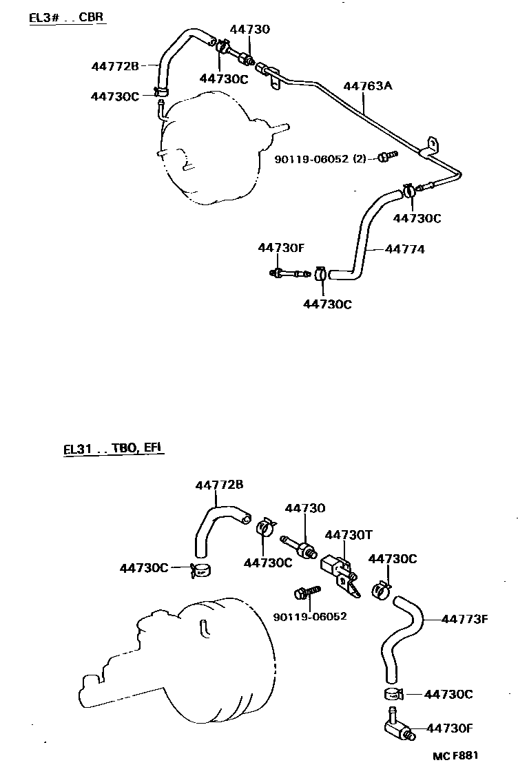 Toyota COROLLA 制动助力器和真空管 EPC diagram — MCF881
