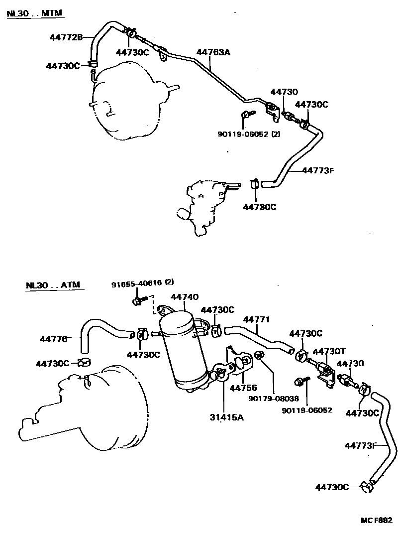 Toyota COROLLA 制动助力器和真空管 EPC diagram — MCF882