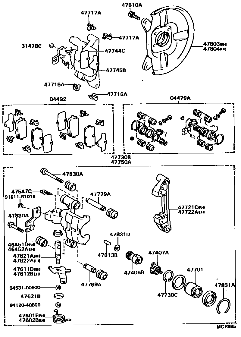 Toyota COROLLA 后盘式制动器卡钳和防尘罩 EPC diagram — MCF885