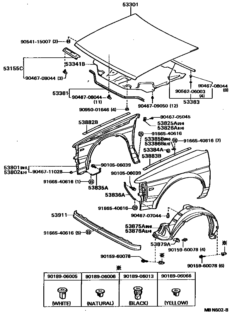 Toyota COROLLA 发动机盖和前翼子板 EPC diagram — MBN602B