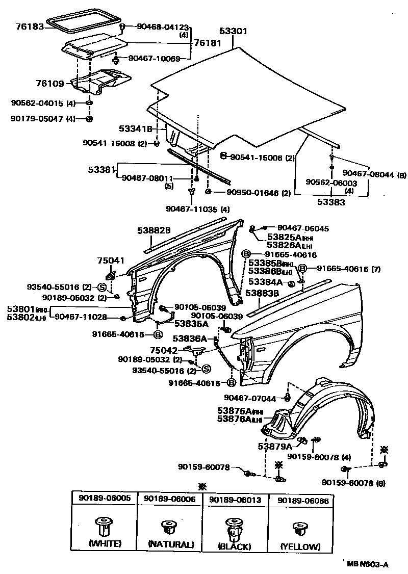 Toyota COROLLA 发动机盖和前翼子板 EPC diagram — MBN603A