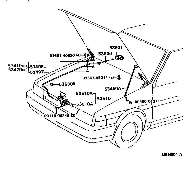 Toyota COROLLA 发动机盖锁和铰链 EPC diagram — MBN604A