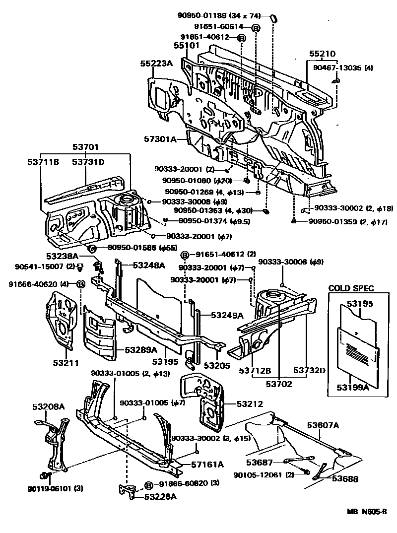 Toyota COROLLA 前翼子板挡泥板和前围板 EPC diagram — MBN605B