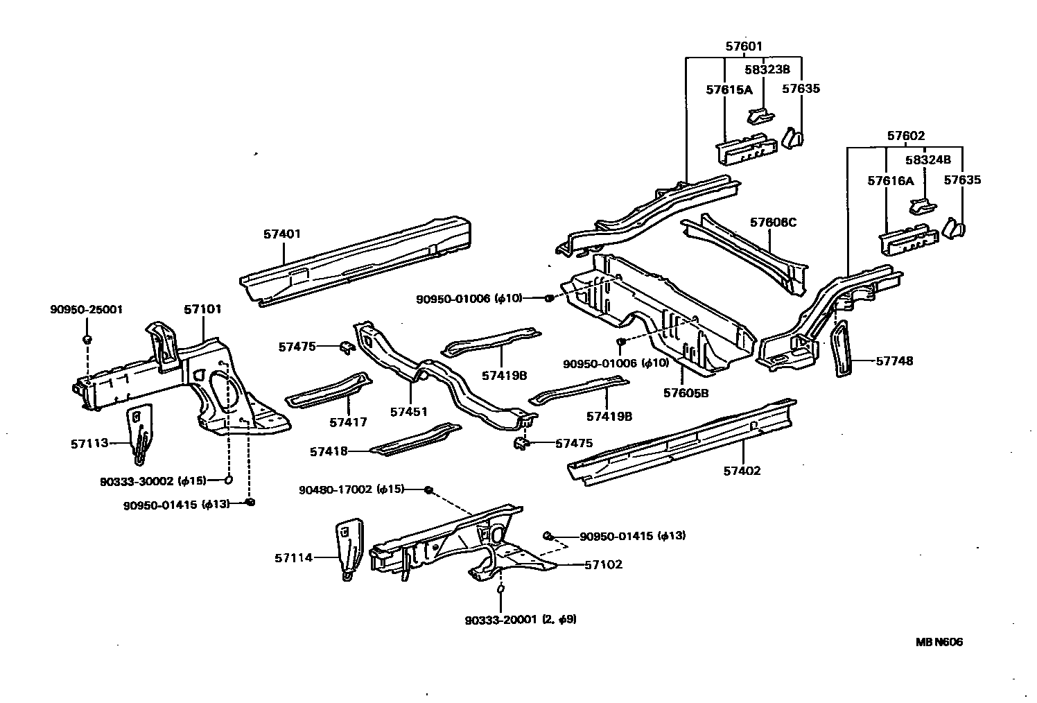 Toyota COROLLA Floor stringers EPC diagram — MBN606