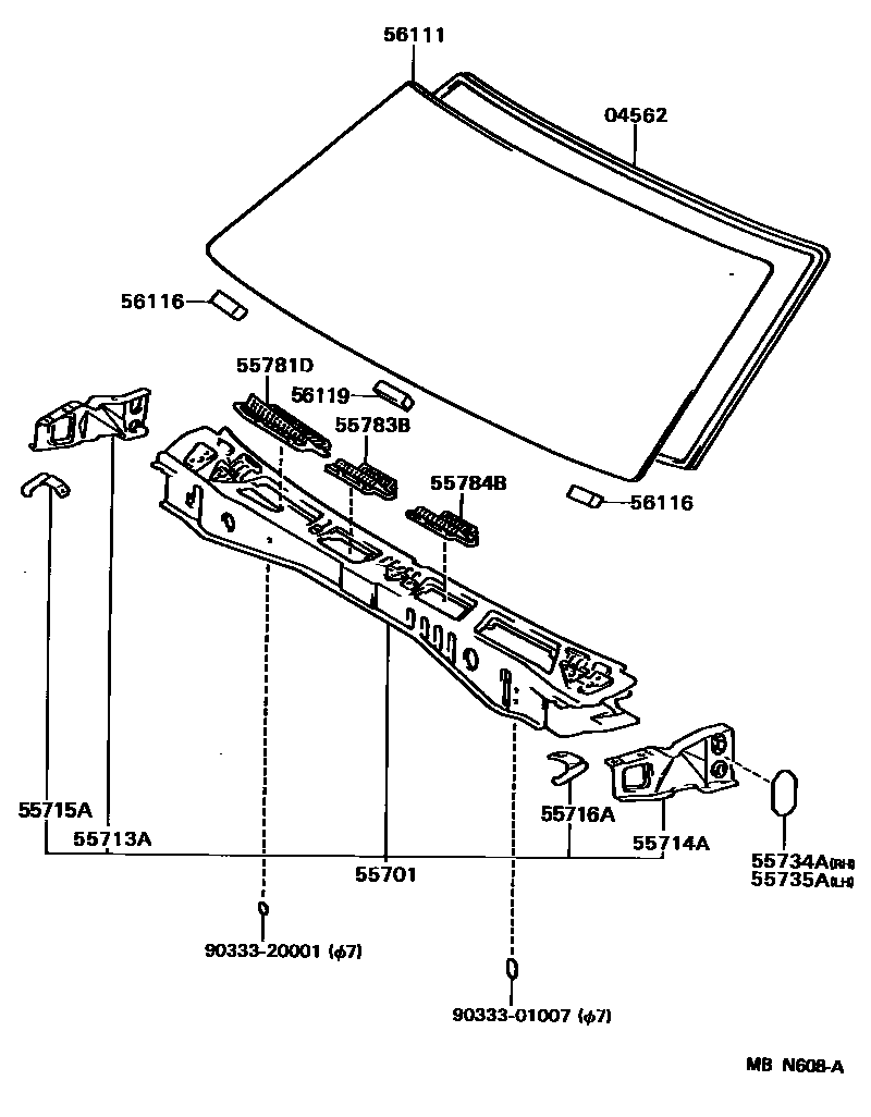 Toyota COROLLA 前围板和挡风玻璃 EPC diagram — MBN608A