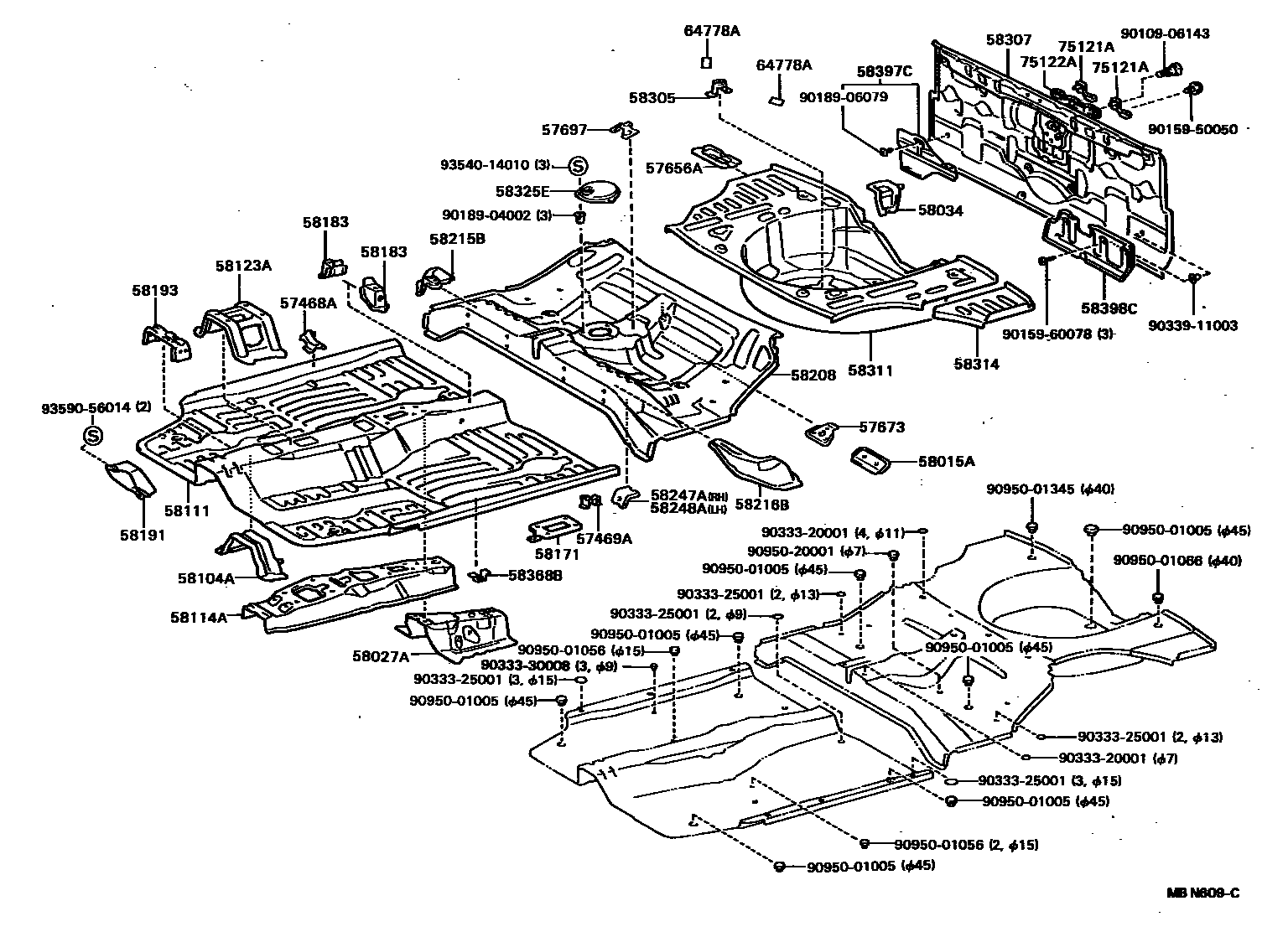 Toyota COROLLA 浅盘形地板和车身下背板 EPC diagram — MBN609C