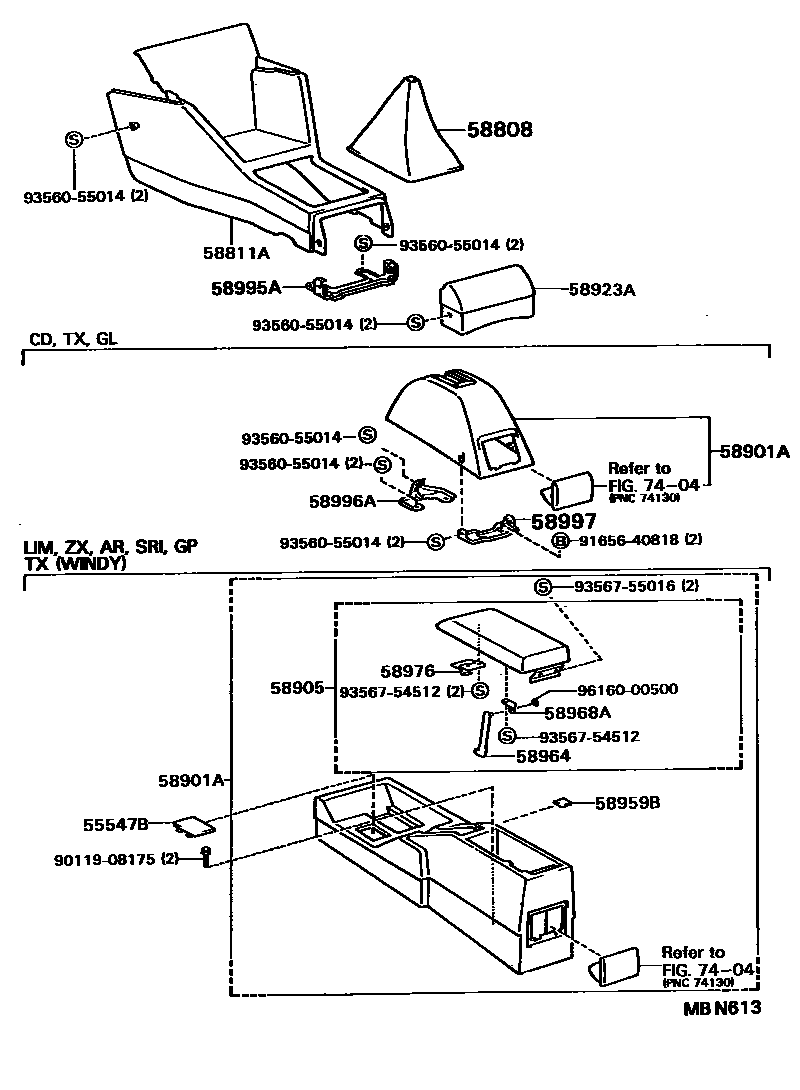 Toyota COROLLA 中央扶手箱和支架 EPC diagram — MBN613