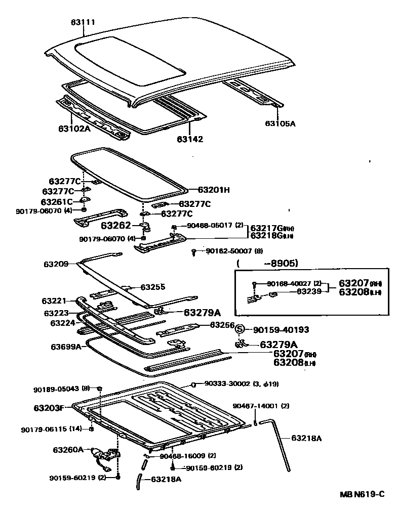 Toyota COROLLA 天窗板和背窗玻璃 EPC diagram — MBN619C
