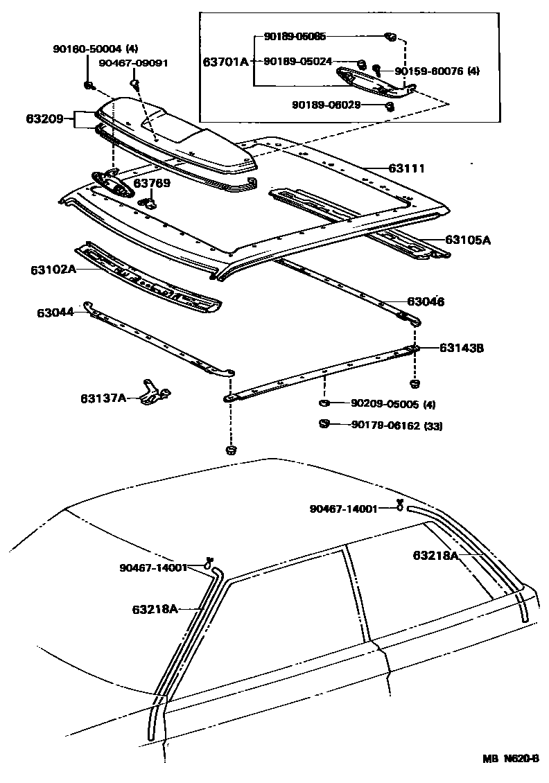 Toyota COROLLA 天窗板和背窗玻璃 EPC diagram — MBN620B