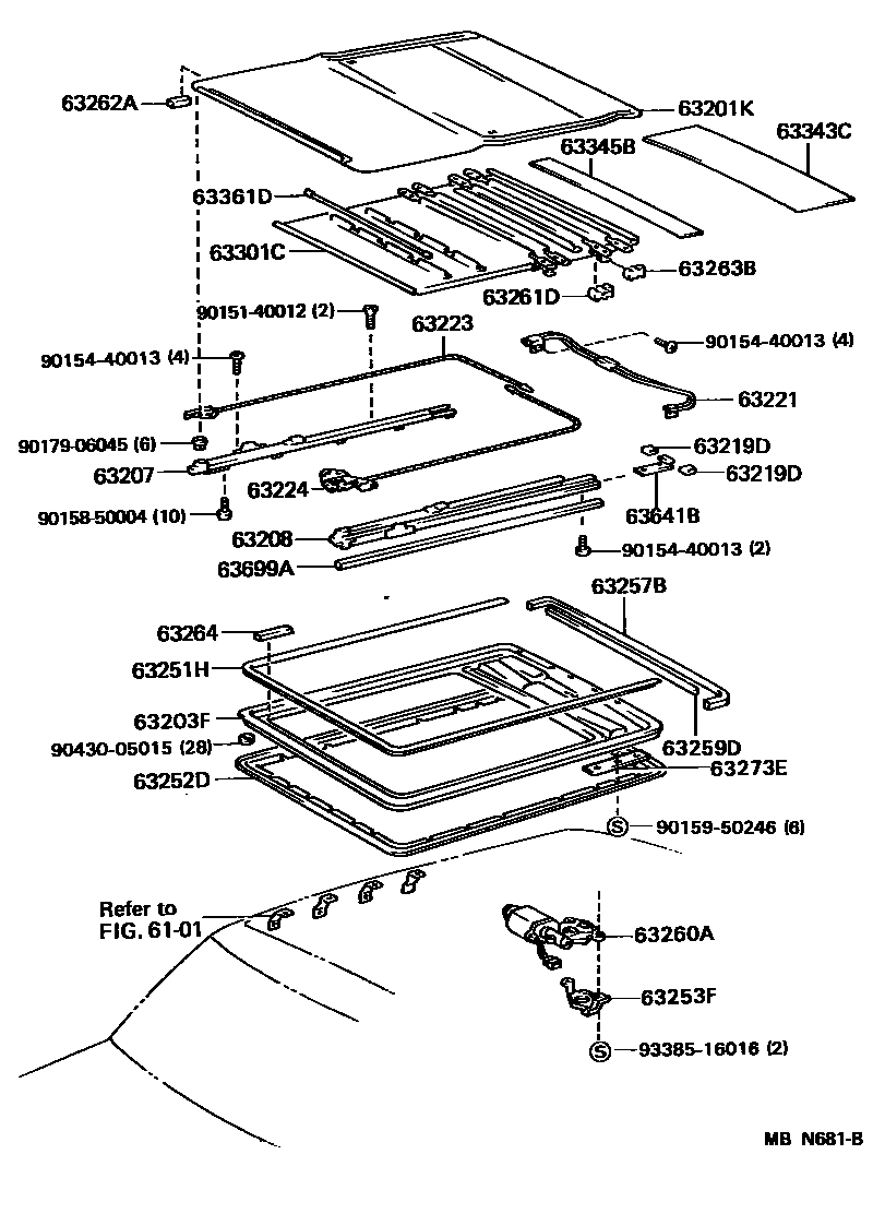 Toyota COROLLA 天窗板和背窗玻璃 EPC diagram — MBN681B