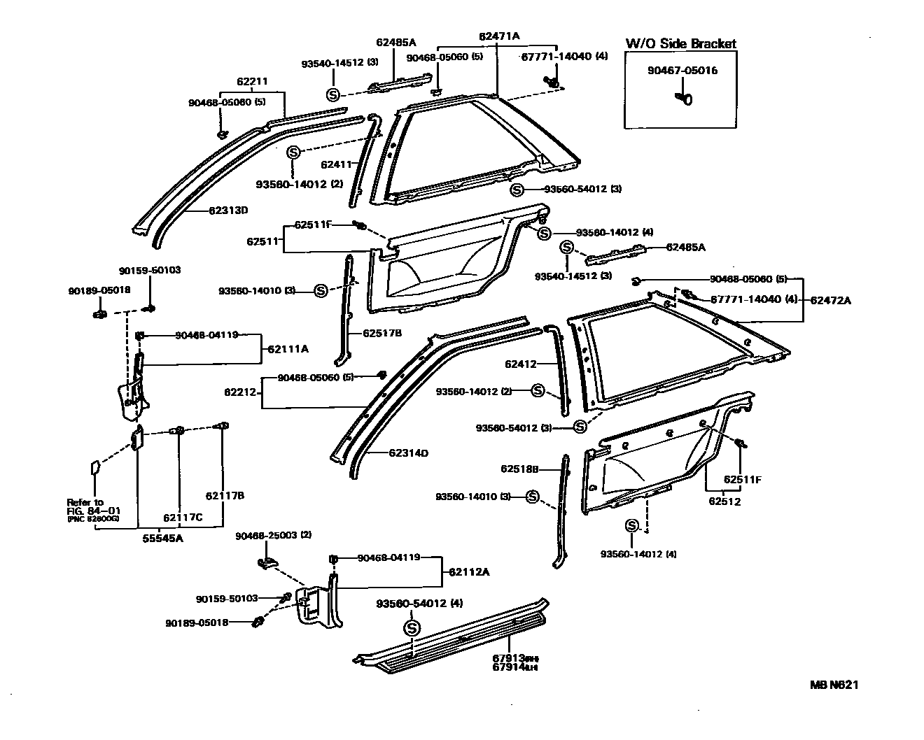 Toyota COROLLA 内饰板和车门防水胶条 EPC diagram — MBN621