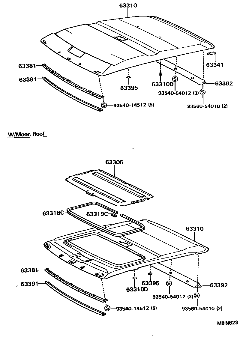 Toyota COROLLA 车顶内衬和消声垫 EPC diagram — MBN623