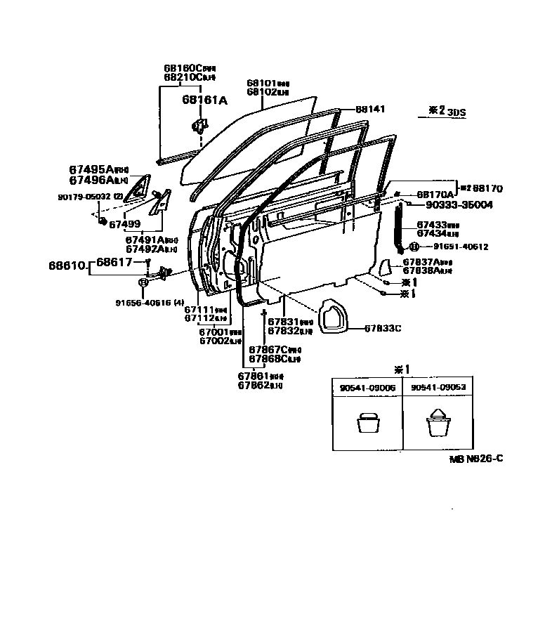 Toyota COROLLA 前门板和前门玻璃 EPC diagram — MBN626C