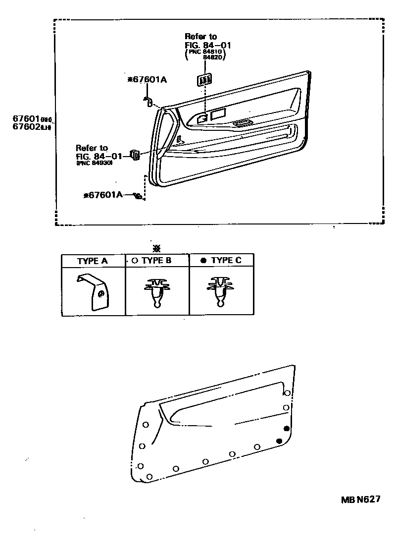 Toyota COROLLA 前门板和前门玻璃 EPC diagram — MBN627