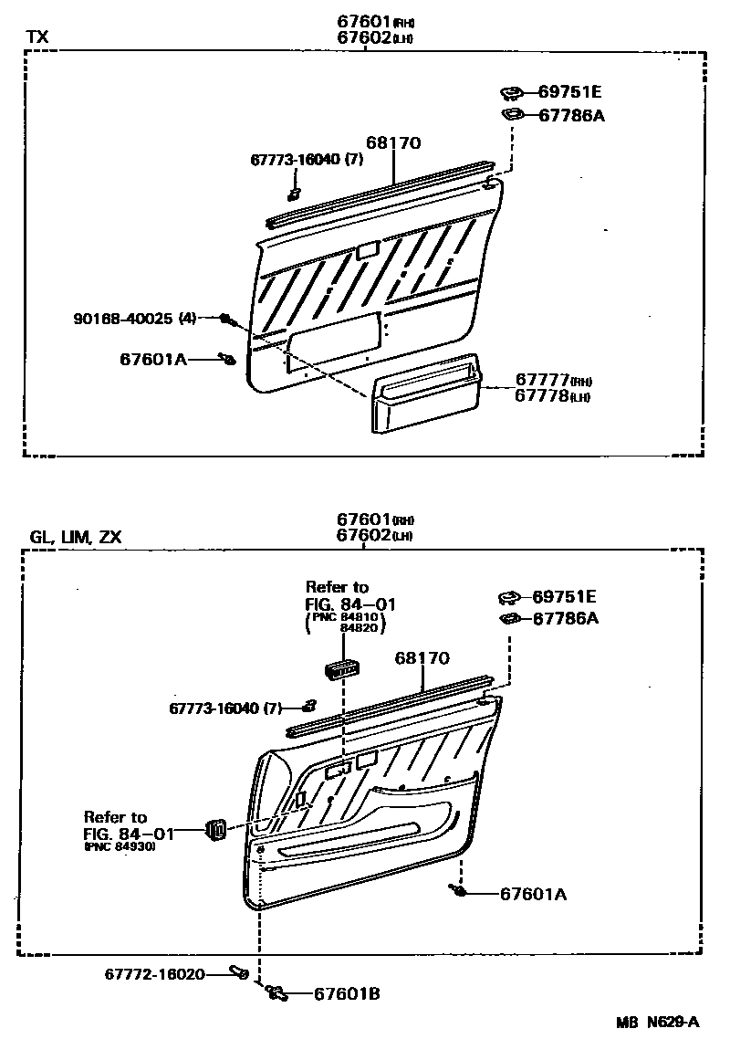 Toyota COROLLA 前门板和前门玻璃 EPC diagram — MBN629A