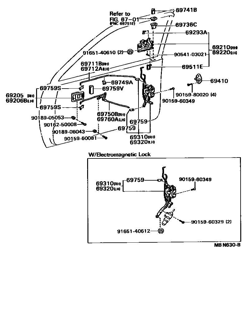 Toyota COROLLA 前门锁和车门把手 EPC diagram — MBN630B