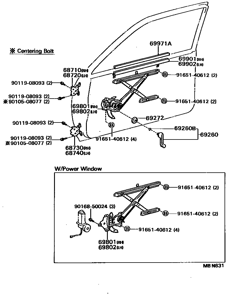 Toyota COROLLA 前门车窗升降器和合页 EPC diagram — MBN631