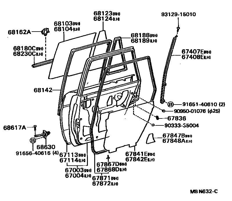Toyota COROLLA 后门板和后门玻璃 EPC diagram — MBN632C