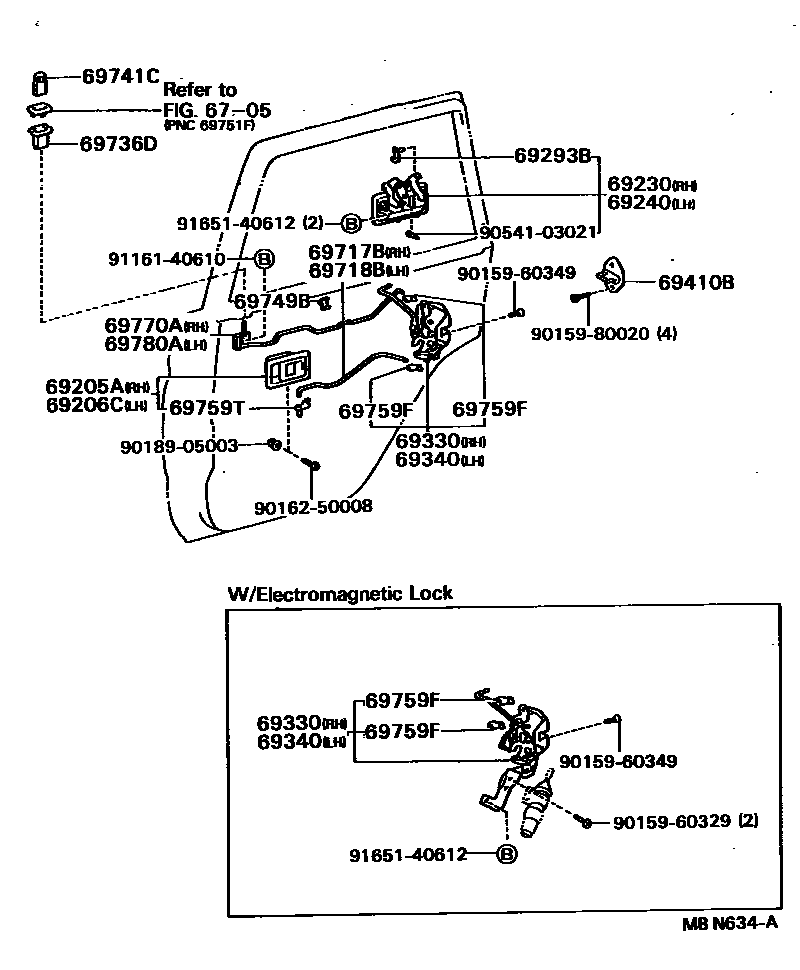 Toyota COROLLA 后门锁和后门把手 EPC diagram — MBN634A